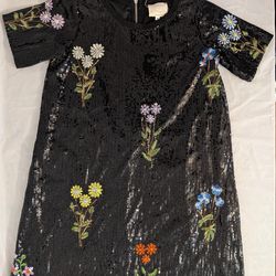 Hannah Banana Girls Size 10 Black Sequin Shift Dress Embroidered Flowers