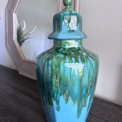 Decorative Blue & Green Ceramic Jar with Lid- $10