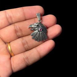 925 Sterling Silver Eagle Head Pendant with Ruby Accent | 7.4g 