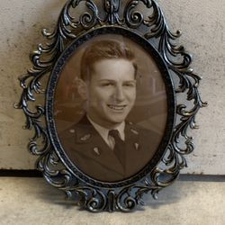 Vintage Protruding Convex Bubble Glass Gold Metal Frame with Antique Photo of a Soldier 