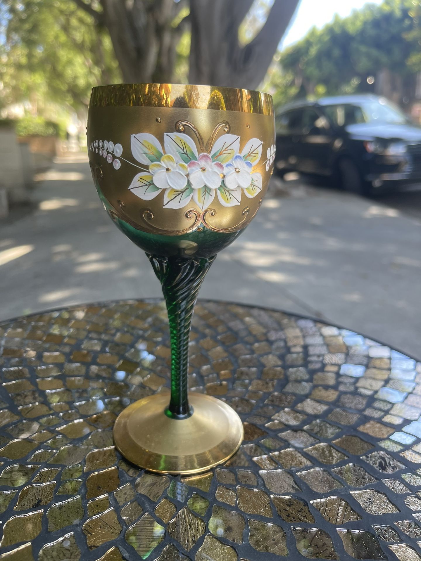 Set Of Vintage Green And Gold Wine Glasses