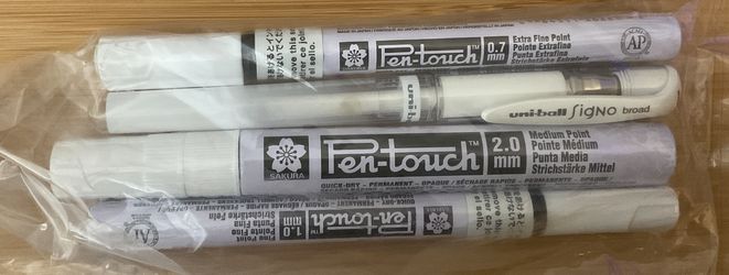 Sakura Pen-Touch Paint Markers (3) and Uni-Ball Signo Gel Pen (1), All in White, Varying Sizes