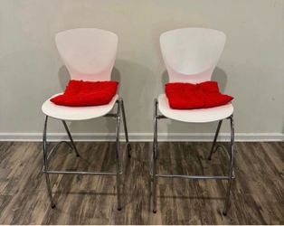 Set of 2 Modern White Kimball Bar Stools With Chrome Frame & 2 Red Cushions