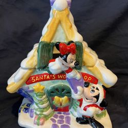 Vintage Walt Disney Mickey And Minnie Santa Workshop Christmas Candle Holder