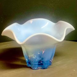 Duncan Miller Vintage Blue Opalescent Glass Canterbury 4x6”Ruffled Edge Vase