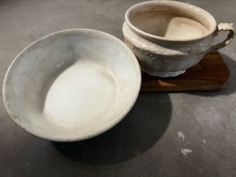 Two Vintage Bowls the handle one may be a chamber pot