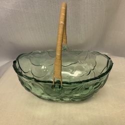 Vintage Indiana Glass Co Green Fruit Embossed Bowl Basket With Rattan Handle