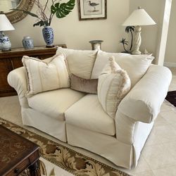 Luxury upholstered Sofa couch and Love seat set. Plush pillows, cream/off-white. Pristine!!