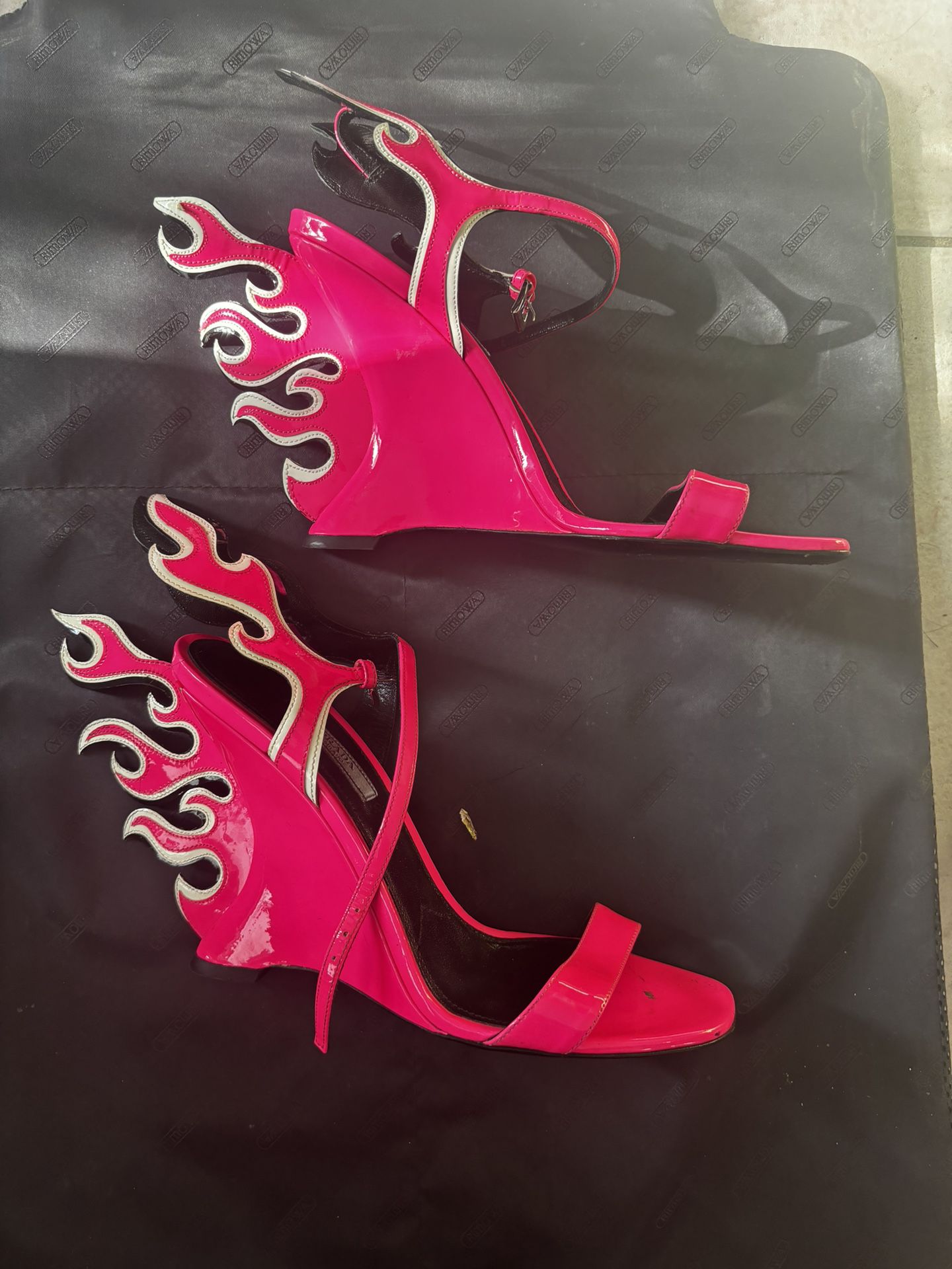Prada flame wedge heels y2k fire sandals hot Barbie pink shoes patent leather
