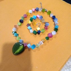  18 inch Genuine Colorful Stones Necklace with a Green Heart Charm . (Handmade).Bracelet & Earrings are included.
