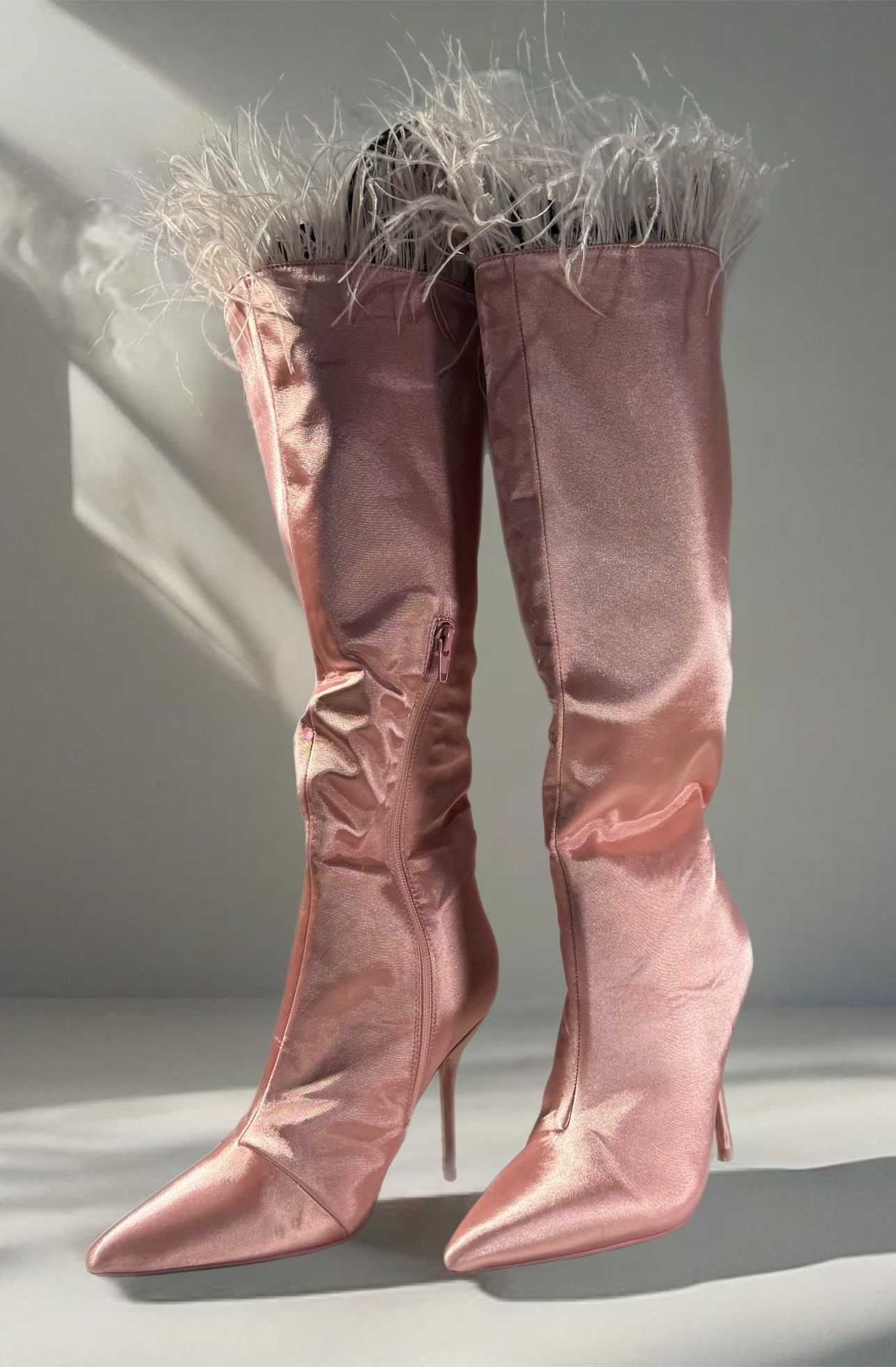 Dolls Kill-Public Desire Baddie Knee High Boots Sz US6 Pink Satin Stiletto NWOB
