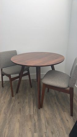 Article Round Walnut Table and Dining Chairs (2)