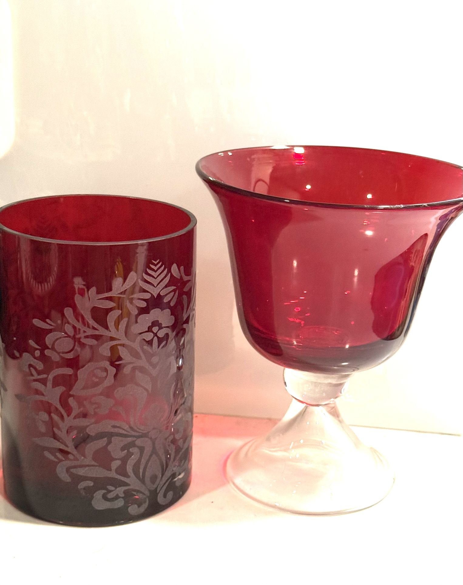 Beautiful Festive Ruby Red Glass - Etched Glass Tall Candleholder / Vase  & Compote Bowl.   2 pieces 1 price !!  Ruby Red Etched Glass Tall Candlehold
