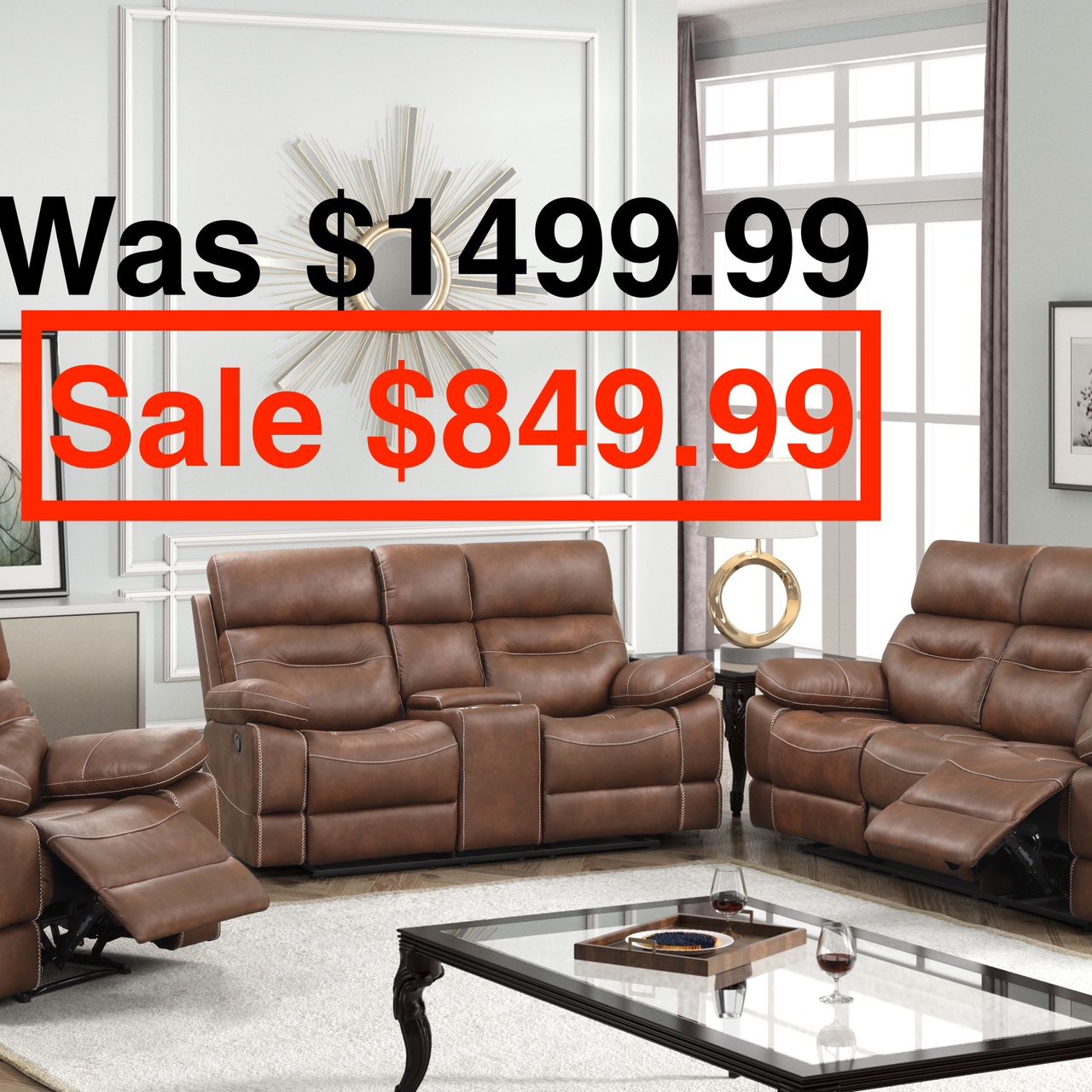 3 Piece Brown Reclining Sofa Set ( Loveseat has a Console with 2 Cup Holders & a Storage) 