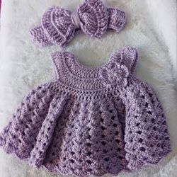 Crochet Baby Girl Purple Heirloom Dress and Headband Set Photo Prop