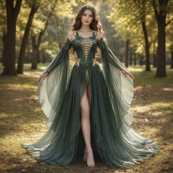 NWT Medieval Renaissance Costume Elf Style Green Dress with Sleeves Cosplay Costume, Small