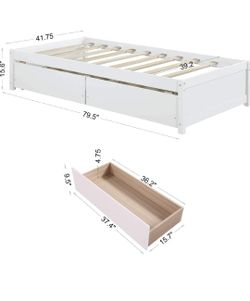 White Twin Bed Frame with Storage Drawers and Tri-Fold Bamboo Mattress