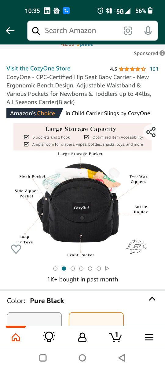Cozy One Baby Carrier In Storage For Your Cell Phone And Keys