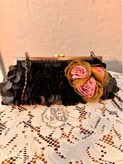 Vintage Black With Taffeta Pink Green Evening Bag