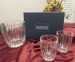 Discontinued Waterford Crystal Omega pattern — unused three-piece barware set with original packaging, ideal for collectors and crystal enthusiasts.