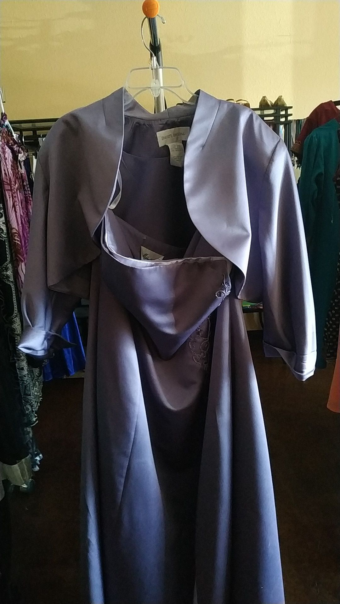 lavender evening gown with a shawl