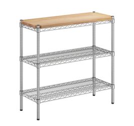 Chrome Wire Shelving Unit with Wood Top