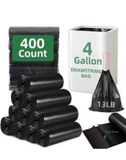 400 Counts 4 Gallon Trash Bag Drawstring Small Trash Bags, Pre-separated Color Black