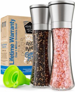 Home EC Premium Stainless Steel Sea Salt and Pepper Grinder Set of 2 - Adjustable Ceramic - Tall Glass Salt and Pepper Shakers - Kitchen Spice Mill W/