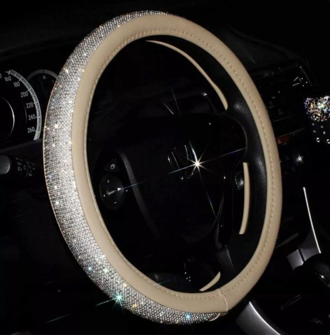 NEW! Bling Rhinestones Crystaled Steering Wheel Cover: Beige w/ 'Clear' Crystals