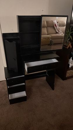 Black Vanity Desk with Mirror and Drawers