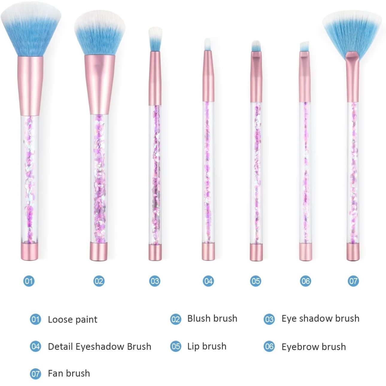 Makeup Brushes, 7PCS Glitter Quicksand Handle Makeup Brush Set for Foundation Powder Blush Eyeshadow with Case Beautiful Pink Purple Cosmetic Brushes