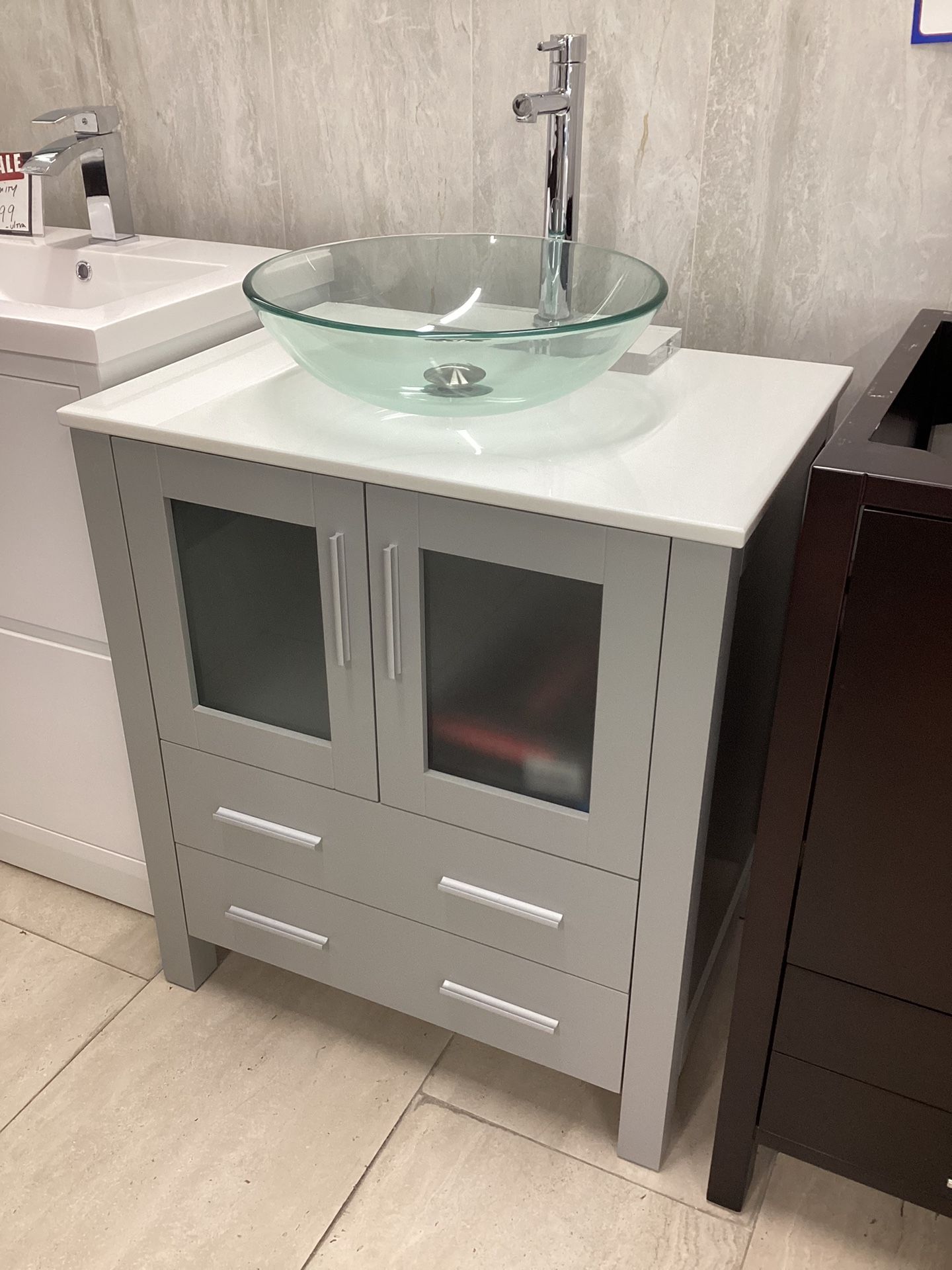 28” Bathroom Vanity Cabinet New Solid Wood Softclose Drawers Doors White Top Vessel Sinks Ready For Pick Up Today