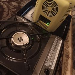 Cooluli Cooler / Warmer and Chef's Touch portable stove/burner, and a tiny coffee pot with a real percolator inside