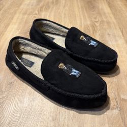 Polo Ralph Lauren Slippers Mens Size 10 Black Dezi IV Bear Moccasin Fur Lined