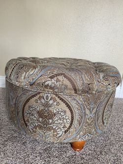 HomePop Large Button Tufted Round Storage Ottoman, Brown and Teal Pasley