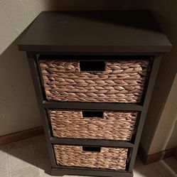 3 tiered wooden storage with wicker pull out baskets