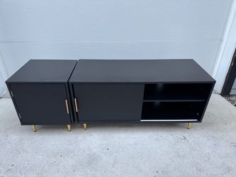Modern Black TV Stand / Entertainment Center – Gold Legs – 2 Pieces