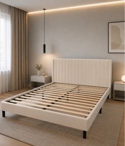 Cream Upholstered Platform Bed Frame with Channel Tufted Headboard. Queen Size