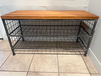 Industrial Wood & Metal Shoe Storage Bench – 2 Tier Entryway Bench