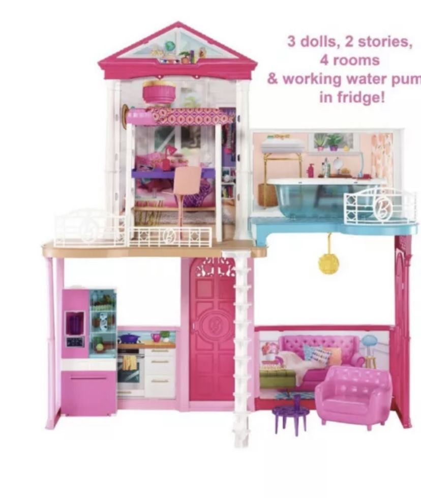 NIB Barbie Dollhouse and Furniture Set With 3 Dolls, Gift For 3 To 8 Year Olds