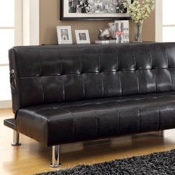Utility and comfort come together in this highly functional leatherette futon. Folding the back down and utilizing the hidden support leg, a comfortab