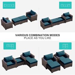 Outdoor Wicker Patio Chair with Ottoman for Porch Balcony Deck Backyard, Red Brown Rattan Sofa Chair Waterproof Removable 2 PCS Peacock Blue