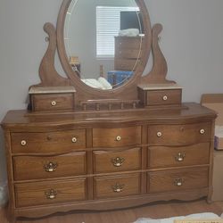 Oak Dresser And Mirror