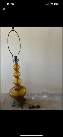 Vintage Hollywood Regency Brass Amber Glass Lamp