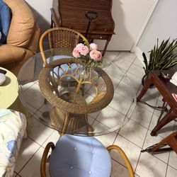 Glass Table (42inch Round) With 2 Wicker Chairs 