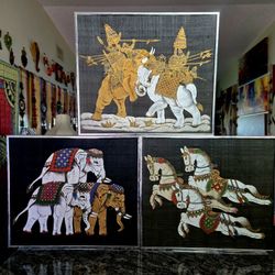 Vintage Thai temple silk paintings. This style of art, often produced in the 1960s and 1970s, 