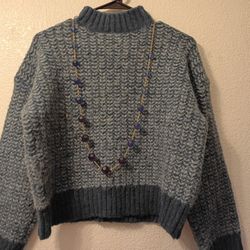 Blue-Grey Mock Neck Sweater & Beaded Necklace Set - Size M