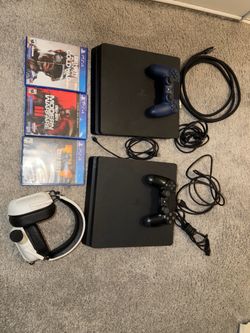 2 PS4 Slims with games, headset and 2 controllers gaming bundle