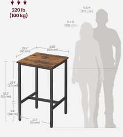 VASAGLE Bar Table Kitchen Dining High Top Pub Square w/ Steel Frame - Brown / Black