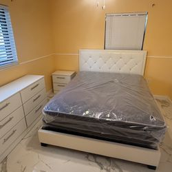 Queen Size Bed Frame With Mattress And 1 Nightstand And Dresser And Mirror All New Furniture Free Delivery Free Installed 